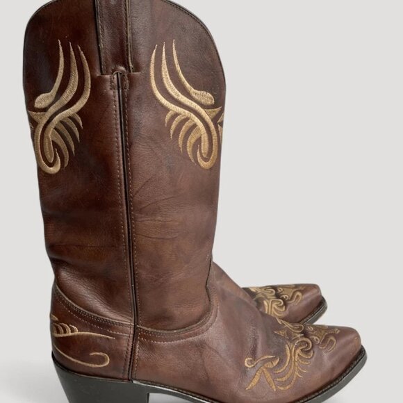Santa Fe Brown Embroidered Cowboy Western Leather Boots Men's 11.5 D - Picture 2 of 12